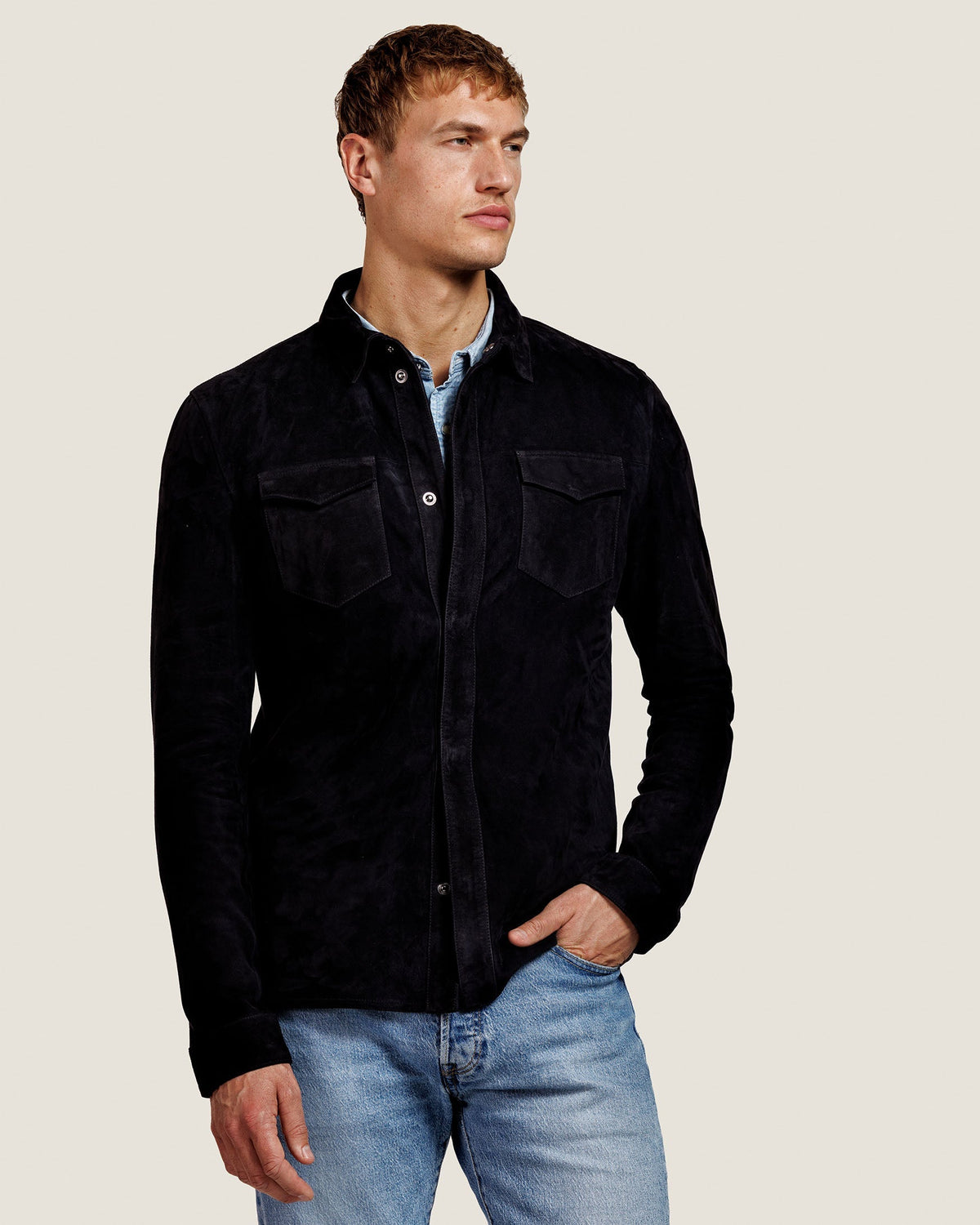 Suède Overshirt met Drukknopen en Borstzakken Heren 7